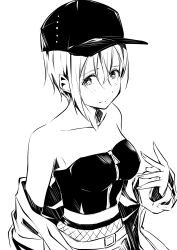Rule 34 | 1girl, absurdres, bare shoulders, belt, breasts, closed mouth, collarbone, commentary request, crop top, furrowed brow, greyscale, hat, highres, jacket, long sleeves, looking at viewer, love live!, love live! superstar!!, medium breasts, monochrome, short hair, solo, tommer, upper body, wakana shiki, white background, zipper