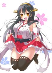 Rule 34 | 1girl, :d, bare shoulders, black hair, boots, breasts, brown eyes, clothes lift, detached sleeves, hair ornament, hairclip, haruna (kancolle), headgear, kantai collection, large breasts, legs up, lifted by self, long hair, looking at viewer, nontraditional miko, open mouth, red skirt, sarashi, sideboob, skirt, skirt lift, smile, solo, tetranono, thigh boots, thighhighs, thighs