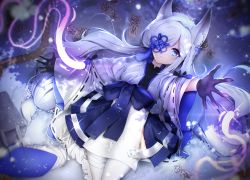 Rule 34 | 1girl, absurdres, animal ear fluff, animal ears, azur lane, bandaged leg, bandages, black gloves, blue bow, blue eyes, blue sash, bow, commentary, fox ears, fox tail, gloves, hair over one eye, highres, hitodama, huge filesize, japanese clothes, kasumi (azur lane), kimono, long hair, long sleeves, looking at viewer, low-tied long hair, lying, ofuda, on back, ribbon-trimmed sleeves, ribbon trim, rope, sash, snow, solo, tail, thighhighs, tsukimaru, two-tone dress, very long hair, waist bow, white hair, white thighhighs, wide sleeves