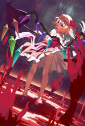 Rule 34 | 1girl, absurdres, ascot, between legs, blonde hair, blood, blood drip, blood splatter, blush, commentary request, crystal, dress, fangs, flandre scarlet, frilled sleeves, frills, full body, hair ribbon, hand between legs, hat, hat ribbon, highres, iranon (new iranon), kneepits, laevatein (touhou), looking at viewer, looking back, mary janes, no headwear, one side up, open mouth, puffy short sleeves, puffy sleeves, rainbow order, red dress, red eyes, red ribbon, red skirt, ribbon, shoes, short hair with long locks, short sleeves, skirt, socks, solo, sparkle, standing, sunken fossil world, thighs, touhou, v-shaped eyebrows, vampire, white hat, white socks, wings, yellow ascot
