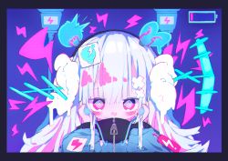 Rule 34 | 1girl, @ @, absurdres, amamona p, battery indicator, blue background, blue jacket, blush, commentary request, drooling, hair between eyes, hair ornament, hands up, highres, jacket, long hair, looking at viewer, mouth drool, original, oversized zipper, pink eyes, sleeves past fingers, sleeves past wrists, solo, upper body, white hair, x hair ornament