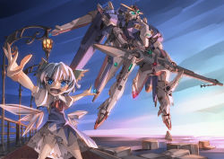 Rule 34 | 1girl, blue eyes, blue hair, blush, bow, cirno, dress, ex-s gundam, floating, gundam, gundam sentinel, hair bow, ice, ice wings, lamppost, looking at viewer, matching hair/eyes, mecha, mk-5, multiple girls, open mouth, outstretched arms, panties, robot, short hair, sky, smile, solo, spread arms, striped clothes, striped panties, touhou, underwear, wings