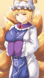 Rule 34 | 1girl, animal ears, animal hat, arms under breasts, blonde hair, breasts, cowboy shot, dress, fox ears, fox tail, hat, highres, large breasts, light blush, light smile, looking at viewer, mirufui, mob cap, multiple tails, orange background, mob cap, short hair, simple background, solo, tabard, tail, touhou, white dress, yakumo ran, yellow eyes