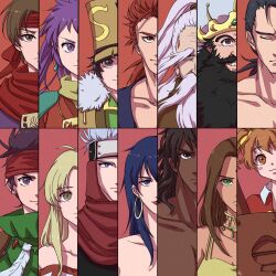 Rule 34 | arc (arc the lad), arc the lad, arc the lad ii, bare shoulders, beard, blonde hair, breasts, choko (arc the lad), closed mouth, collarbone, dark-skinned male, dark skin, earrings, elc (arc the lad), everyone, facial hair, gogen (arc the lad), gruga (arc the lad), highres, hoop earrings, iga (arc the lad), jewelry, kukuru (arc the lad), lieza (arc the lad), lipstick, long hair, looking at viewer, makeup, medium breasts, multiple boys, multiple girls, oma, poco (arc the lad), sania (arc the lad), shante (arc the lad), short hair, shu (arc the lad), simple background, smile, tosh (arc the lad)