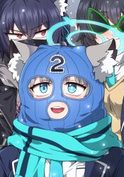 Rule 34 | 3girls, :d, absurdres, animal ear fluff, animal ears, ayane (blue archive), balaclava, black hair, blue archive, blue eyes, blue scarf, cat ears, cat girl, collared shirt, commentary request, devil yanghyeok, grey hair, hair between eyes, halo, highres, long hair, long sleeves, looking at viewer, mask, medium hair, mismatched pupils, mouth mask, multiple girls, necktie, open mouth, red eyes, scarf, school uniform, serika (blue archive), shiroko (blue archive), shirt, sidelocks, smile, snowing, sunglasses, twintails, wolf ears, wolf girl