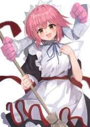 Rule 34 | 1girl, :d, absurdres, apron, black shirt, black skirt, blue ribbon, blurry, blush, broom, commentary, cowboy shot, depth of field, frilled skirt, frills, hand up, happy, head tilt, highres, holding, holding broom, long skirt, looking at viewer, maid, maid apron, maid headdress, mechanical arms, moekan, neck ribbon, nodoameyatou, open mouth, orange eyes, pink hair, puffy short sleeves, puffy sleeves, red ribbon, ribbon, rinia (moekan), shirt, short hair, short sleeves, sidelocks, simple background, skirt, smile, solo, white apron, white background