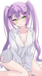Rule 34 | 1girl, absurdres, between legs, blush, breasts, cleavage, green eyes, hair ornament, hairclip, hand between legs, highres, hololive, long hair, long sleeves, looking at viewer, medium breasts, naked shirt, parted lips, purple hair, shirt, simple background, sitting, solo, tamamorh, tokoyami towa, virtual youtuber, wariza, white background, white shirt