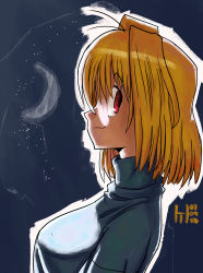 Rule 34 | 1girl, arcueid brunestud, artist request, bad id, bad pixiv id, blue background, breasts, commentary, crescent moon, dated, hair intakes, hair over eyes, highres, looking to the side, moon, night, outline, red eyes, short hair, sidelocks, smile, star (sky), sweater, tsukihime, turtleneck, white sweater