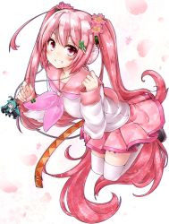 Rule 34 | 1girl, akino coto, belt, blush, cherry blossom print, cherry blossoms, floral print, hair ornament, hatsune miku, headphones, long hair, looking at viewer, petals, pink eyes, pink hair, pleated skirt, sailor collar, sakura miku, skirt, smile, solo, thighhighs, twintails, vocaloid, white thighhighs