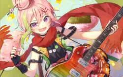 Rule 34 | 1girl, belt, black gloves, blush, breasts, choker, commentary, commission, dutch angle, fingerless gloves, floral background, floral print, flower, flower in mouth, food, food request, gloves, guitar, hair between eyes, hair bun, hair ornament, hair stick, hairpin, holding, holding instrument, instrument, leaf, looking at viewer, multicolored hair, open mouth, orange skirt, original, pastry, pink eyes, pink hair, plectrum, red scarf, scarf, shirt, short hair, single hair bun, skirt, sleeveless, sleeveless shirt, small breasts, solo, streaked hair, symbol-only commentary, syuri22, upper body, v-shaped eyebrows