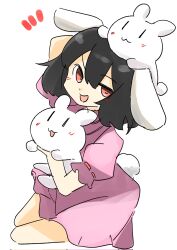 Rule 34 | 1girl, :d, animal, animal ears, animal on head, black hair, dress, highres, holding, holding animal, inaba mob (touhou), inaba tewi, kyoroniki, looking at viewer, on head, open mouth, pink dress, pink eyes, rabbit, rabbit ears, rabbit girl, rabbit tail, short hair, short sleeves, simple background, smile, solo, tail, touhou, white background