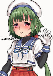 Rule 34 | 1girl, black shirt, blue sailor collar, gloves, green hair, hat, highres, kantai collection, long hair, looking at viewer, low ponytail, maakun (makun dx), noumi (kancolle), one-hour drawing challenge, parted lips, pleated skirt, red hair, red skirt, sailor collar, sailor hat, school uniform, serafuku, shirt, simple background, skirt, solo, twitter username, undershirt, upper body, white background, white gloves, white hat, white shirt