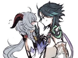 Rule 34 | 1boy, 1girl, anger vein, black gloves, blue hair, blush, closed eyes, commentary request, detached sleeves, ganyu (genshin impact), genshin impact, gloves, green hair, hand on another&#039;s face, highres, horns, long hair, mozu (teluto), simple background, sketch, trembling, upper body, xiao (genshin impact), yellow eyes