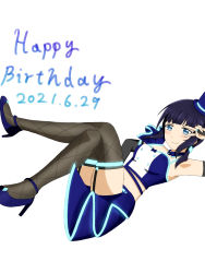 Rule 34 | 1girl, anklet, aqua belt, artist name, artist request, asaka karin, bare shoulders, belt, black gloves, black legwear, black sleeves, blue belt, blue bow, blue camisole, blue detached collar, blue eyes, blue footwear, blue hair, blue hat, blue pants, blue shirt, blue shorts, blue tank top, blue wrist cuffs, blush, bow, bowtie, breasts, bridal gauntlets, buttons, camisole, cleavage, collarbone, crop top, dark blue hair, detached collar, detached sleeves, earrings, elbow sleeve, feathers, female focus, fingerless gloves, fishnet legwear, fishnets, full body, gloves, hat, hat feather, high heels, highres, jewelry, knees up, looking at viewer, love live!, love live! nijigasaki high school idol club, love live! school idol festival, medium hair, midriff, mini hat, mini top hat, mole, mole on body, mole on breast, pants, parted lips, shirt, short hair, shorts, single bare shoulder, single sleeve, sleeveless, small breasts, smile, solo, star (symbol), star earrings, tank top, thigh strap, top hat, v, v over eye, vivid world (love live!), white background, white feathers, wing collar, wrist cuffs
