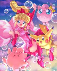 Rule 34 | 1girl, :d, ^ ^, arm up, blonde hair, blue eyes, boots, bow, breasts, bubble, clefairy, clenched hands, closed eyes, commentary request, creatures (company), detached sleeves, dress, eyelashes, floating hair, footwear bow, game freak, gen 1 pokemon, hair bow, hazel (pokemon), jigglypuff, long hair, looking at viewer, magical pokemon journey, mitama (mokochiko), nintendo, open mouth, pikachu, pink dress, pink footwear, pokemon, pokemon (creature), ponytail, red bow, smile, teeth, thigh boots, thighhighs, tongue, upper teeth only