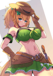Rule 34 | 1girl, adjusting clothes, adjusting headwear, aqua eyes, arm strap, armpits, bandana, bare shoulders, blush, breasts, brown gloves, brown hair, cleavage, commentary request, cowboy hat, cowboy shot, gloves, gradient background, green skirt, gun, hair ornament, hand on own hip, handgun, hat, highres, holster, holstered, horse girl, horse tail, large breasts, looking at viewer, medium hair, midriff, navel, ponytail, red bandana, revolver, skirt, smile, taiki shuttle (umamusume), tail, two-tone background, umamusume, weapon, white background, yuutopia