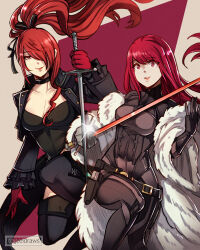 Rule 34 | 2girls, alternate hairstyle, black gloves, black jacket, bodysuit, breasts, cleavage, color connection, cosplay, costume switch, female focus, fur jacket, fur trim, gloves, gzei, hair over one eye, hair ribbon, hairstyle switch, highres, holding, holding sword, holding weapon, in-franchise crossover, jacket, kirijou mitsuru, large breasts, long hair, long sleeves, matching hair/eyes, medium breasts, multiple girls, persona, persona 3, persona 4: the ultimate in mayonaka arena, persona 4: the ultimax ultra suplex hold, persona 5, persona 5 the royal, ponytail, rapier, red eyes, red gloves, red hair, ribbon, smile, sword, thighhighs, trait connection, weapon, yoshizawa kasumi