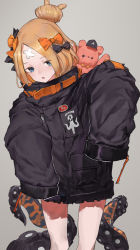 Rule 34 | 1girl, abigail williams (fate), abigail williams (traveling outfit) (fate), absurdres, animal print, black bow, black hat, black jacket, blonde hair, blue eyes, blush, bow, commentary request, fate/grand order, fate (series), grey background, haggy, hair bow, hair bun, hands up, hat, highres, jacket, long hair, long sleeves, looking at viewer, official alternate costume, orange bow, panko (drive co), parted bangs, parted lips, polka dot, polka dot bow, single hair bun, sleeves past fingers, sleeves past wrists, solo, stuffed animal, stuffed toy, suction cups, teddy bear, tentacles, tiger print