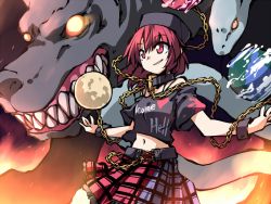 Rule 34 | 1girl, cerberus, chain, clothes writing, collar, earth (planet), fangs, fenrir, glowing, hat, hecatia lapislazuli, hemogurobin a1c, jormungandr (mythology), midriff, moon, navel, off shoulder, outstretched arms, planet, red eyes, red hair, shirt, skirt, snake, solo, touhou, wrist cuffs