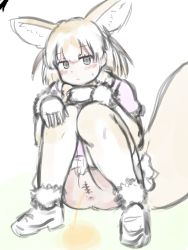 Rule 34 | 1girl, animal ears, anus, black eyes, blush, brown hair, censored, fennec (kemono friends), fox ears, fox girl, fox tail, fur-trimmed gloves, fur-trimmed shoes, fur trim, gloves, grass, hand on own knee, highres, hinoto (pixiv48761170), kemono friends, looking at viewer, no panties, peeing, pink shirt, puddle, pussy, shirt, shoes, short hair, short sleeves, skirt, squatting, sweatdrop, tail, thighhighs, white background, white footwear, white gloves, white skirt, white thighhighs