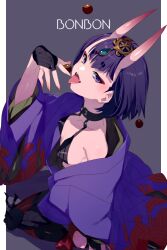 Rule 34 | 1girl, bare shoulders, bob cut, breasts, bridal gauntlets, collarbone, eating, echo (circa), eyeliner, fang, fate/grand order, fate (series), headpiece, horns, japanese clothes, kimono, long sleeves, looking at viewer, makeup, off shoulder, oni, open mouth, purple eyes, purple hair, purple kimono, revealing clothes, short hair, shuten douji (fate), skin-covered horns, small breasts, tongue, tongue out, wide sleeves