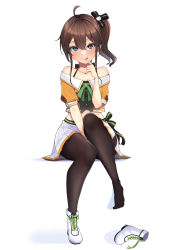 Rule 34 | 1girl, absurdres, ahoge, between legs, black camisole, black pantyhose, black ribbon, blue eyes, blush, boots, unworn boots, brown hair, camisole, cat hair ornament, crop top, cropped jacket, crossed legs, finger to mouth, full body, hair between eyes, hair ornament, hair ribbon, halterneck, hand between legs, highres, hololive, jacket, leg lift, looking at viewer, medium hair, minato yu, miniskirt, natsuiro matsuri, natsuiro matsuri (1st costume), neck ribbon, off-shoulder jacket, off shoulder, orange jacket, pantyhose, pinstripe camisole, pinstripe pattern, pleated skirt, ribbon, short sleeves, side ponytail, side slit, sitting, skirt, solo, spaghetti strap, striped, tongue, tongue out, virtual youtuber, white footwear, white skirt