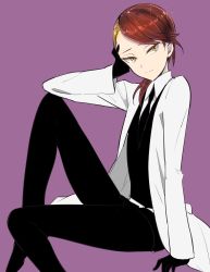 Rule 34 | 1other, androgynous, bad id, bad twitter id, belt, black gloves, black necktie, black pants, black vest, blonde hair, brown hair, closed mouth, collared shirt, elbow on knee, gloves, highres, houseki no kuni, invisible chair, knee up, lab coat, long sleeves, multicolored hair, musshu (omu001), necktie, pants, purple background, rutile (houseki no kuni), shirt, simple background, sitting, solo, two-tone hair, vest, white shirt, wing collar, yellow eyes