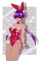 Rule 34 | 1girl, animal ears, arms behind back, bare shoulders, breasts, cleavage, closed mouth, collarbone, commentary request, dark-skinned female, dark skin, detached collar, earrings, fake animal ears, fishnet pantyhose, fishnets, hair between eyes, heart, heart background, highleg, highleg leotard, highres, jewelry, leotard, lips, long hair, medium breasts, namakotaic, pantyhose, playboy bunny, purple hair, rabbit ears, red leotard, shermie (kof), shiny clothes, shiny skin, simple background, solo, sparkle, strapless, strapless leotard, the king of fighters, the king of fighters &#039;97, wrist cuffs