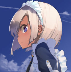 Rule 34 | 1girl, blue eyes, blush, character request, cloud, copyright request, dark skin, dark-skinned female, looking at viewer, maid, maid headdress, shirabi, short hair, sky, smile, solo, white hair