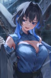 Rule 34 | 1girl, armpits, bare shoulders, blue eyes, blue hair, blue shirt, blush, breasts, cleavage, collared shirt, commentary, earrings, english commentary, gloves, highres, hololive, hololive english, jewelry, large breasts, long hair, mixed-language commentary, open mouth, ouro kronii, padoruu, rain, shirt, solo, sweat, upper body, virtual youtuber, wet, white gloves