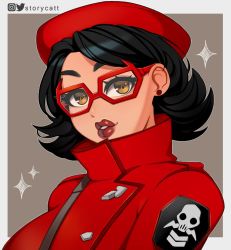 Rule 34 | 1girl, black hair, cattstory, dress, earrings, fortnite, glasses, hat, jewelry, lipstick, looking at viewer, makeup, open mouth, red dress, red hat, red lips, rue (fortnite), short hair, simple background, solo, yellow eyes