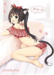 Rule 34 | 1girl, :d, animal ears, aqua eyes, ass, barefoot, black hair, blunt bangs, blush, breasts, cat ears, cat tail, cleavage, commentary request, feet, frilled panties, frills, indoors, long hair, looking at viewer, looking back, nyan, open mouth, original, panties, paw print, plaid, plaid panties, revision, sakurai makoto (custom size), sitting, smile, solo, speech bubble, tail, twintails, underwear