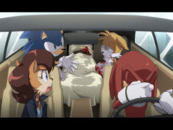 Rule 34 | 1girl, 3boys, blood, blood on hands, car interior, closed eyes, driving, ears down, furry, furry female, furry male, halcyon moth, knuckles the echidna, looking at another, looking back, multiple boys, open mouth, parody, sally acorn, sega, sonic (series), sonic the hedgehog, sweat, tails (sonic), vehicle