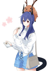 Rule 34 | 1girl, animal, animal on head, arknights, bag, black horns, black tail, blue shorts, buttons, ch&#039;en (arknights), closed mouth, collared shirt, commentary request, cowboy shot, dress shirt, flower (symbol), food, hair between eyes, handbag, highres, holding, holding food, horns, lily0428, long hair, long sleeves, looking at viewer, on head, purple hair, red eyes, shirt, shorts, simple background, smile, solo, standing, tail, white background, white shirt