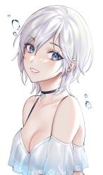 Rule 34 | 1girl, absurdres, anastasia (idolmaster), bare shoulders, black choker, blue eyes, breasts, choker, cleavage, collarbone, commentary request, from side, grin, hair between eyes, highres, idolmaster, idolmaster cinderella girls, kyuma (hisa hisa ma), looking at viewer, medium breasts, open mouth, short hair, silver hair, simple background, smile, solo, teeth, upper body, water drop, white background