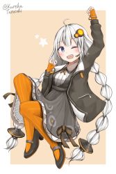 Rule 34 | 1girl, ;d, absurdres, ahoge, arm up, black jacket, blue eyes, blush, braid, breasts, brown background, brown footwear, commentary request, dress, fingernails, full body, grey dress, hair ornament, headset, high heels, highres, jacket, kizuna akari, long hair, long sleeves, low twintails, one eye closed, open clothes, open jacket, open mouth, orange pantyhose, pantyhose, shoes, silver hair, sleeves past wrists, small breasts, smile, solo, star (symbol), striped clothes, striped pantyhose, tateishi kureha, teeth, twin braids, twintails, twitter username, two-tone background, upper teeth only, vertical-striped clothes, vertical-striped pantyhose, very long hair, vocaloid, voiceroid, white background