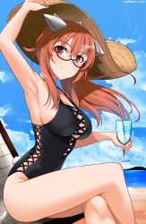 Rule 34 | 1girl, absurdres, animal ears, beach, beach chair, black one-piece swimsuit, blush, breasts, cleavage, closed mouth, crossed legs, drink, drinking straw, glass, glasses, hat, highres, hiroshi (hunter-of-kct), large breasts, long hair, luminous witches, one-piece swimsuit, orange eyes, outdoors, red hair, sheep ears, sitting, sky, smile, solo, straw hat, swimsuit, sylvie cariello, world witches series