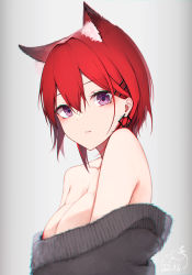 Rule 34 | 1girl, absurdres, animal ear fluff, animal ears, bare shoulders, black sweater, breasts, cleavage, collarbone, commentary, dated, grey background, hair between eyes, hair ornament, hairclip, highres, looking at viewer, mayogii, medium breasts, off shoulder, original, parted lips, purple eyes, red hair, romaji commentary, signature, simple background, solo, sweater, upper body