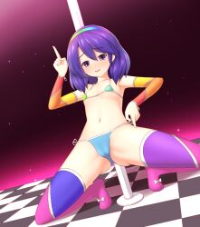 Rule 34 | 1girl, :d, absurdres, adapted costume, arm up, bikini, blush, breasts, cameltoe, commentary request, detached sleeves, dutch angle, full body, hairband, highres, looking at viewer, medium hair, micro bikini, open mouth, parted lips, petite, pointing, pole, purple background, purple eyes, purple hair, rainbow gradient, simple background, small breasts, smile, solo, sonicphu, squatting, stripper pole, swimsuit, tenkyuu chimata, thighhighs, touhou
