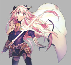 Rule 34 | 1boy, androgynous, armor, astolfo (fate), black bow, black thighhighs, bow, cape, fate/apocrypha, fate (series), faulds, floating hair, garter straps, gauntlets, grey background, hair between eyes, hair bow, highres, holding, holding sword, holding weapon, long hair, looking at viewer, male focus, miniskirt, pink eyes, pink hair, simple background, skirt, smile, solo, standing, sword, takasaki (rock rock), thighhighs, trap, very long hair, weapon, white cape