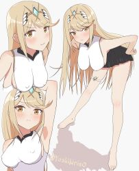 Rule 34 | 1girl, absurdres, arm up, armpits, artist name, barefoot, black skirt, blonde hair, blush, breasts, circlet, closed mouth, covered erect nipples, earrings, full body, hand on own hip, highres, jewelry, large breasts, leaning forward, long hair, looking at viewer, multiple views, mythra (xenoblade), shirt, simple background, skirt, smile, solo, standing, thigh strap, toes, twitter username, v-shaped eyebrows, white background, white shirt, xenoblade chronicles (series), xenoblade chronicles 3, yellow eyes, yoshikirino