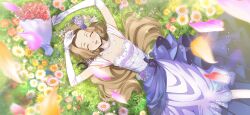 Rule 34 | 1girl, ^ ^, arms up, artist request, blue flower, blue rose, blurry, blurry foreground, blush, bouquet, bracelet, breasts, bride, brown hair, cleavage, closed eyes, code geass, code geass: lost stories, collarbone, dress, dutch angle, earrings, elbow gloves, facing viewer, falling petals, female focus, field, floral print, flower, flower field, forehead, game cg, gloves, grass, green flower, green rose, hair flower, hair intakes, hair ornament, happy, highres, jewelry, light blush, long dress, long hair, lying, non-web source, nunnally vi britannia, off-shoulder dress, off shoulder, official art, on back, on ground, open mouth, orange flower, petals, pink flower, purple flower, purple rose, rose, small breasts, smile, solo, straight-on, wedding dress, white dress, white flower, white gloves, white rose, white tiara, yellow flower, yellow rose