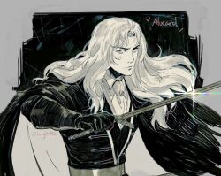 Rule 34 | 1boy, alucard (castlevania), ascot, cape, castlevania: nocturne, castlevania (series), character name, dhampir, furrowed brow, gloves, half-human, highres, holding, holding sword, holding weapon, long hair, looking at viewer, male focus, solo, sparkle, sword, tirtyturtle, twitter username, undead, upper body, vampire, weapon