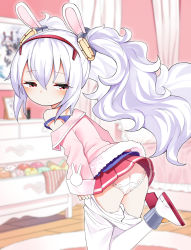 Rule 34 | 1girl, absurdres, animal ears, ass, azur lane, bad id, bad pixiv id, bare shoulders, bed, blue camisole, blurry, blurry background, blush, brown panties, camisole, canopy bed, chest of drawers, child, closed mouth, clothes pull, depth of field, dressing, frilled pillow, frills, fur-trimmed jacket, fur trim, green panties, hair between eyes, hair ornament, hairband, highres, indoors, jacket, laffey (azur lane), leaning forward, long hair, long sleeves, noria, off shoulder, panties, pantyhose, pantyhose pull, pillow, pink jacket, pink panties, polka dot, polka dot panties, rabbit ears, red eyes, red hairband, rudder footwear, silver hair, sleeves past wrists, solo, standing, standing on one leg, strap slip, striped clothes, striped panties, twintails, underwear, very long hair, white footwear, white panties, white pantyhose, wooden floor, yellow panties
