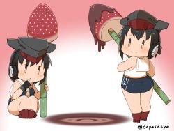 Rule 34 | 2girls, ass, asymmetrical hair, bamboo, black hair, black one-piece swimsuit, brown eyes, capriccyo, character name, chocolate, commentary request, crop top, fondue, food, framed breasts, fruit, gloves, hair between eyes, headphones, highres, i-13 (kancolle), i-14 (kancolle), kantai collection, multiple girls, one-piece swimsuit, oversized object, partially fingerless gloves, pink background, sailor collar, school swimsuit, short hair, simple background, single glove, squatting, strawberry, swimsuit, twitter username