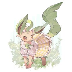Rule 34 | animal focus, blouse, bonnet, brown sclera, clothed pokemon, collar, colored sclera, creatures (company), frilled collar, frills, game freak, gen 4 pokemon, grass, highres, leafeon, nintendo, no humans, pokemon, pokemon (creature), pokemon unite, puffy short sleeves, puffy sleeves, shirt, short sleeves, skirt, smile, solo, tail, white eyes, white shirt, yellow skirt, yururung
