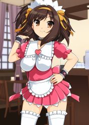 Rule 34 | 1girl, alternate costume, apron, blurry, bow, breasts, brown hair, chair, closed mouth, commentary request, counter, depth of field, dress, frilled apron, frilled dress, frilled thighhighs, frills, hair bow, hairband, hand on own hip, hand up, haruhisky, heart, highres, impossible clothes, impossible dress, indoors, looking at viewer, maid, maid headdress, medium breasts, medium hair, orange bow, orange hairband, pink dress, pleated dress, puffy short sleeves, puffy sleeves, short sleeves, smile, solo, standing, suzumiya haruhi, suzumiya haruhi no yuuutsu, thighhighs, waist apron, waitress, white apron, white thighhighs, window, wrist cuffs, zettai ryouiki