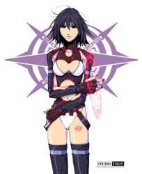 Rule 34 | 1girl, black hair, black leotard, black thighhighs, breasts, cleavage cutout, clothing cutout, collarbone, fingerless gloves, gloves, himegami gadget, izumo (himegami gadget), kikuchi michitaka, leotard, looking at viewer, medium breasts, navel, official art, promotional art, red eyes, solo, stomach cutout, thighhighs, white background
