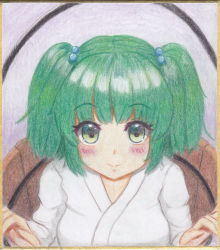 Rule 34 | 1girl, :&gt;, blunt bangs, blush, breasts, bucket, closed mouth, colored pencil (medium), commentary request, green eyes, green hair, grey background, hair bobbles, hair ornament, highres, in bucket, in container, kisume, light smile, looking at viewer, luke (kyeftss), medium breasts, robe, short hair, simple background, solo, touhou, traditional media, two side up, upper body, white robe