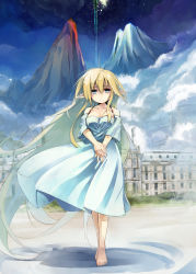 Rule 34 | 1girl, absurdly long hair, ahoge, barefoot, blonde hair, blue dress, breasts, castle, cleavage, collarbone, dress, elf, full body, highres, long hair, mountain, nanaroku (fortress76), off shoulder, original, pixiv fantasia, pixiv mahou gakuen, pointy ears, short sleeves, smile, solo, v arms, very long hair